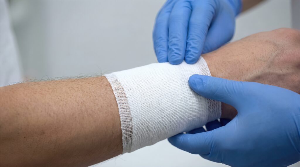 medical professional in blue gloves applies a sterile bandage to a patient's wrist, showcasing a close up view of the wound dressing in a clinical setting